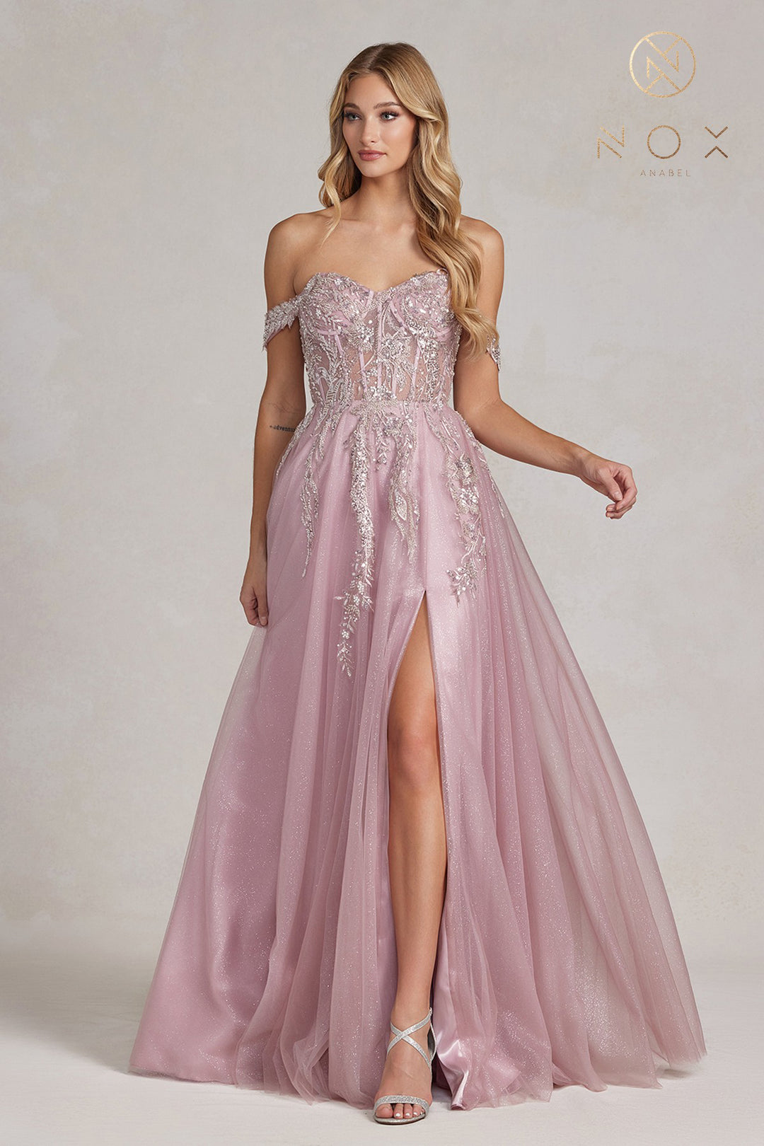 NOX ANABEL E1128 Off-Shoulder A-line Beaded Prom Gown