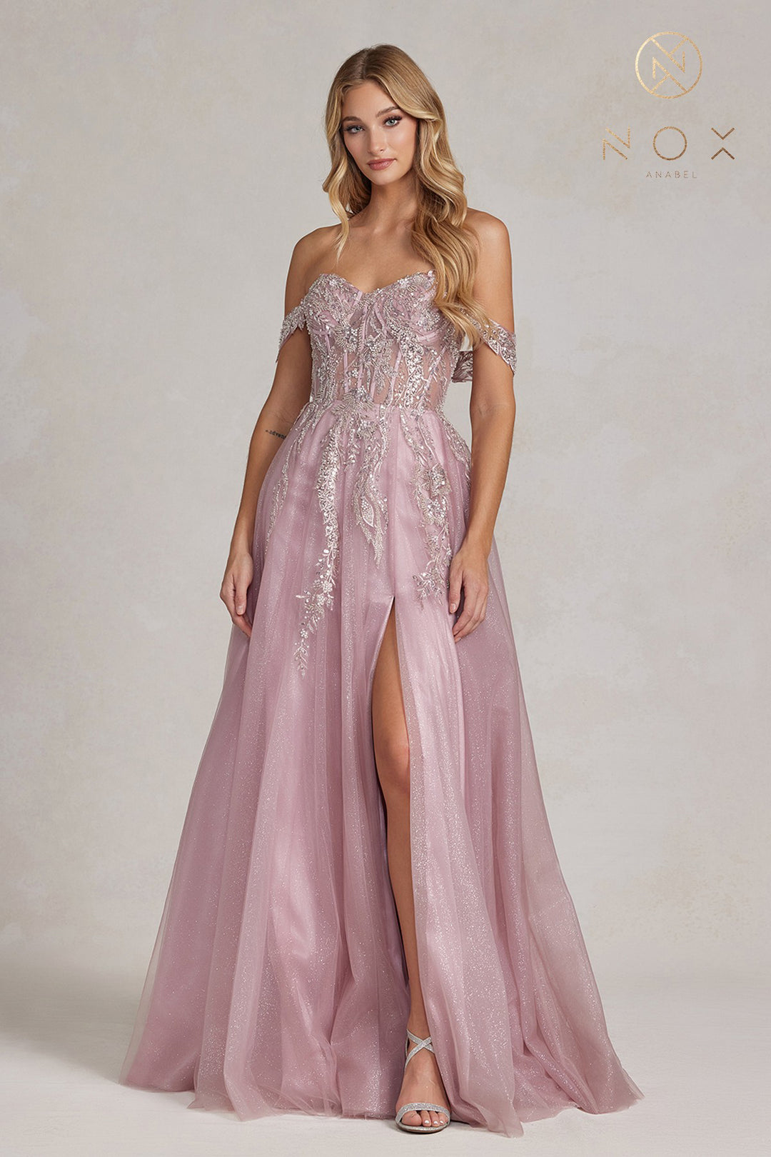 NOX ANABEL E1128 Off-Shoulder A-line Beaded Prom Gown