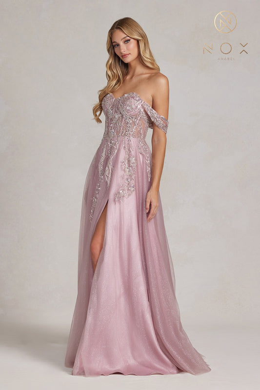 NOX ANABEL E1128 Off-Shoulder A-line Beaded Prom Gown