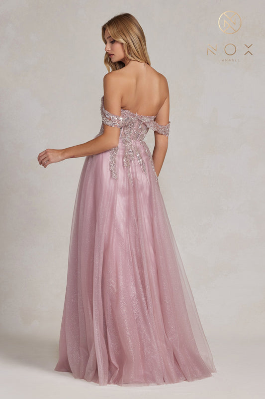 NOX ANABEL E1128 Off-Shoulder A-line Beaded Prom Gown
