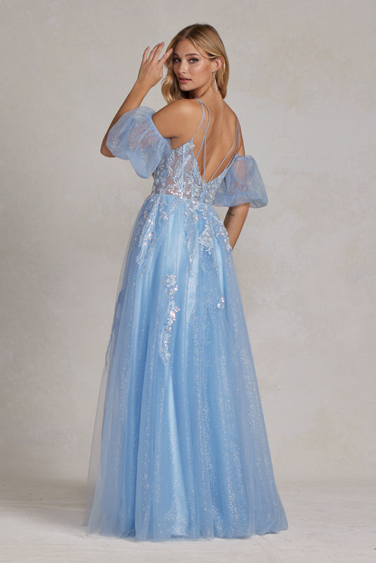 NOX ANABEL E1173 Puff Sleeves Glitter Applique Tulle Prom Gown