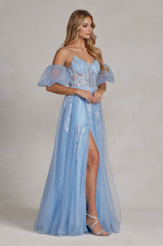 NOX ANABEL E1173 Puff Sleeves Glitter Applique Tulle Prom Gown