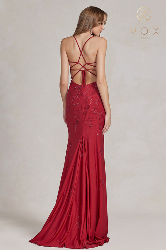 NOX ANABEL E1206 Fitted Beaded Deep V-Neck Gown