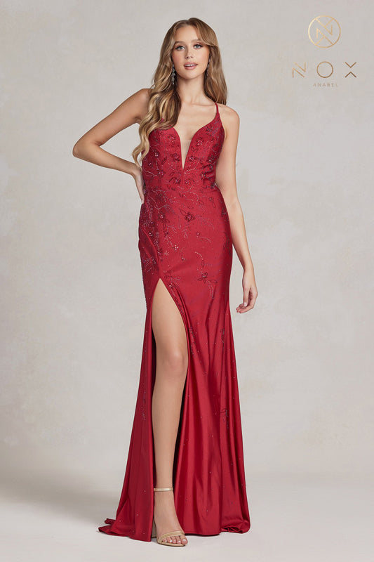 NOX ANABEL E1206 Fitted Beaded Deep V-Neck Gown