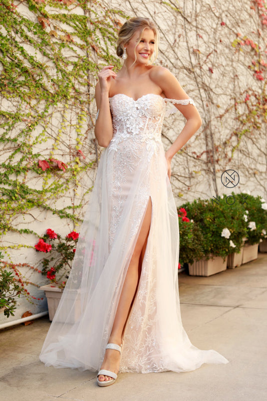 NOX ANABEL E441 Off Shoulder Appliqued High Slit Bridal Gown