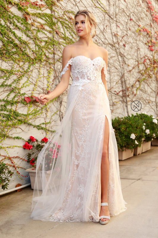 NOX ANABEL E441 Off Shoulder Appliqued High Slit Bridal Gown