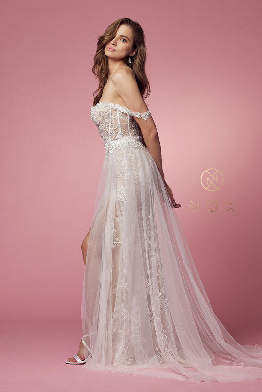 NOX ANABEL E441 Off Shoulder Appliqued High Slit Bridal Gown