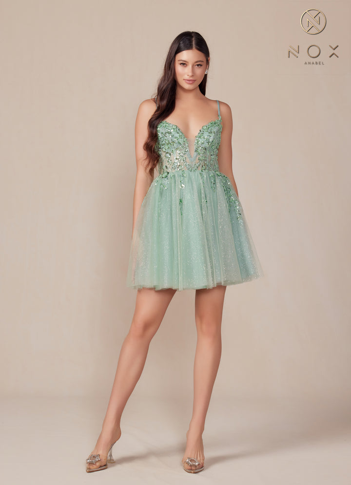 Nox Anabel E902 V-Neck Giltter Tulle Short Dress