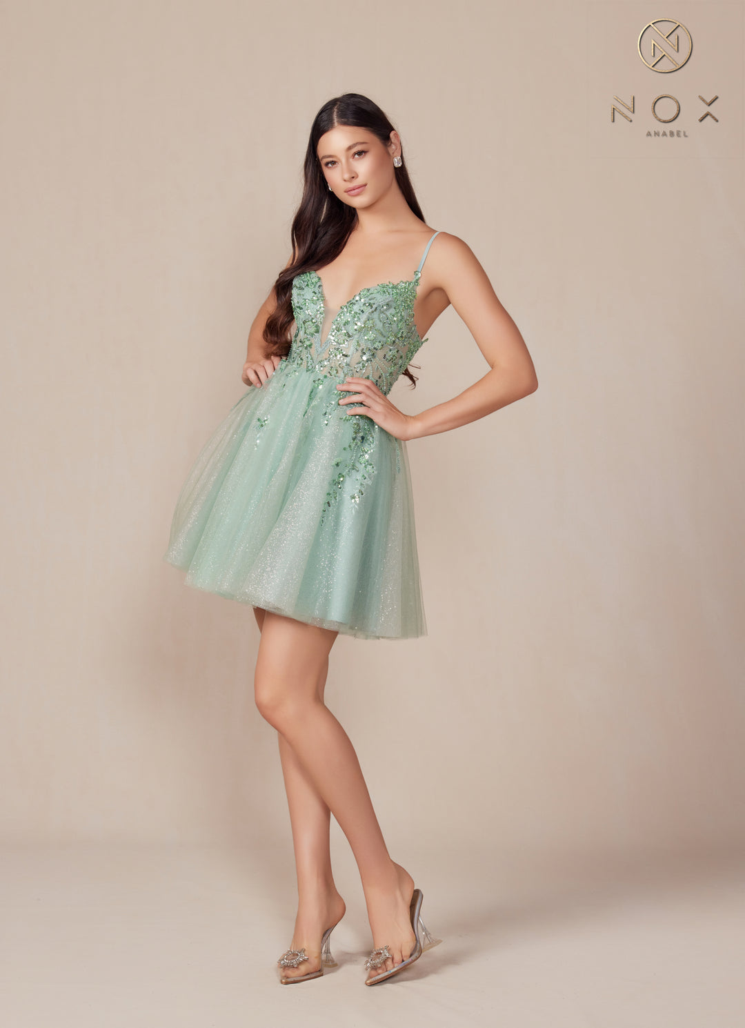 Nox Anabel E902 V-Neck Giltter Tulle Short Dress