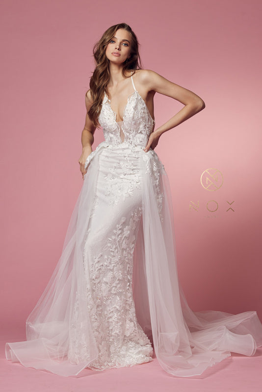 NOX ANABEL F485W  Lace Applique V-Neck Trumpet Bridal Dress