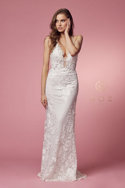 NOX ANABEL F485W  Lace Applique V-Neck Trumpet Bridal Dress