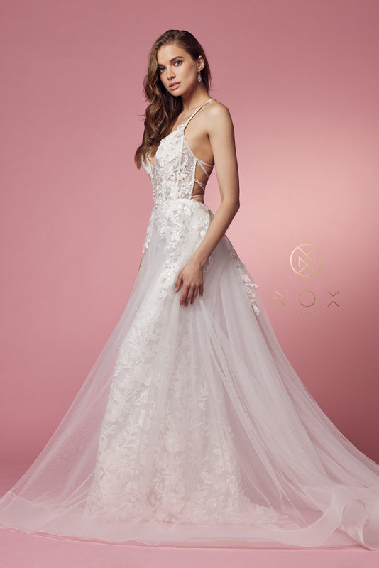 NOX ANABEL F485W  Lace Applique V-Neck Trumpet Bridal Dress