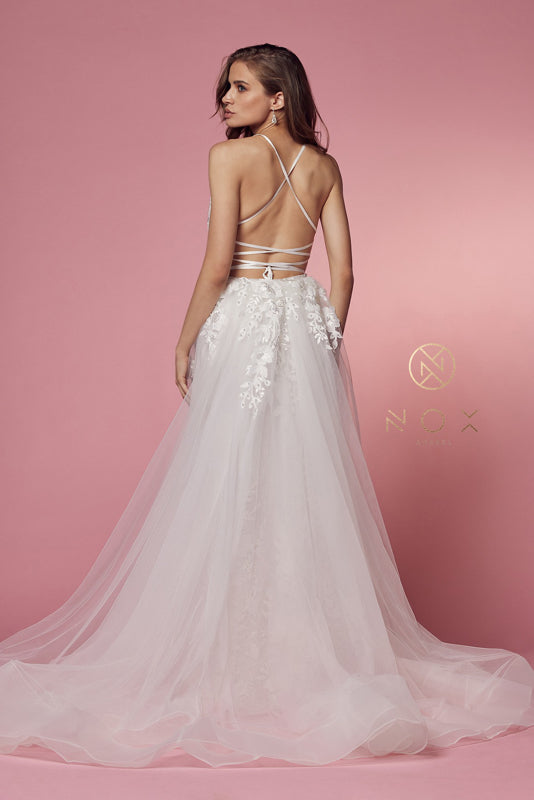 NOX ANABEL F485W  Lace Applique V-Neck Trumpet Bridal Dress