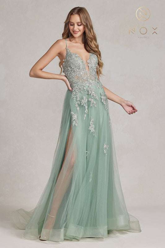 NOX ANABEL G1149 Floral Applique Tulle A-Line Gown