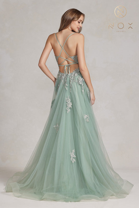 NOX ANABEL G1149 Floral Applique Tulle A-Line Gown