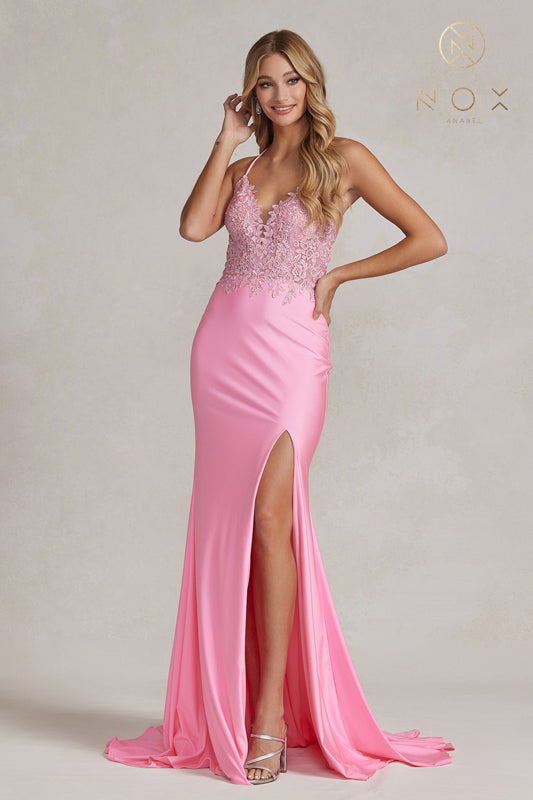 NOX ANABEL G1150 Embroidered V-Neck Strappy Back Gown