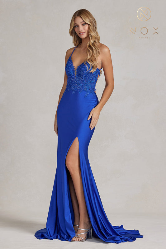 NOX ANABEL G1150 Embroidered V-Neck Strappy Back Gown