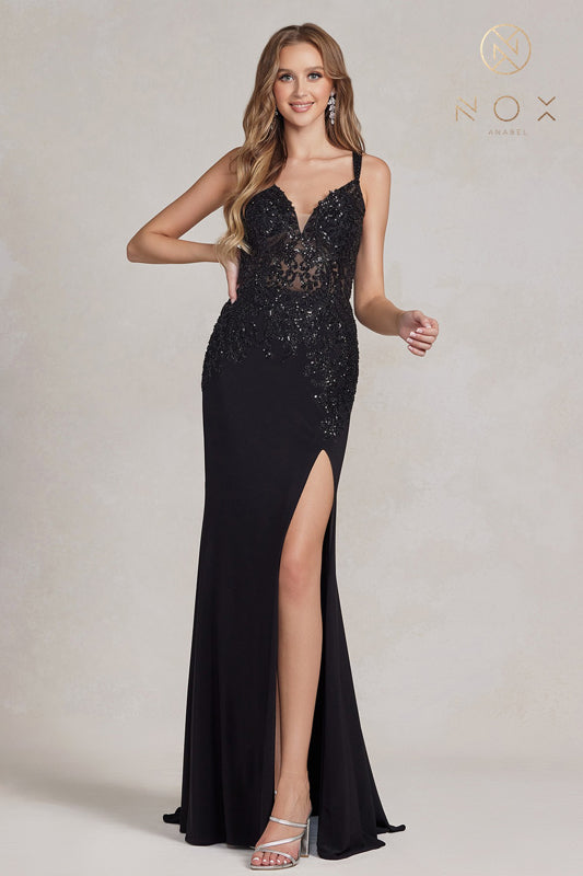 NOX ANABEL H1090 Fitted V-Neck Embroidered Gown