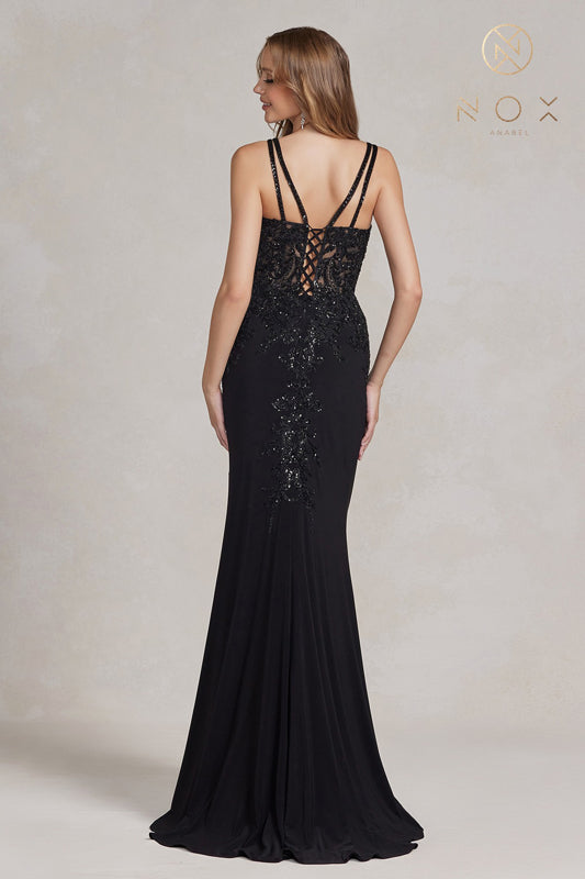 NOX ANABEL H1090 Fitted V-Neck Embroidered Gown