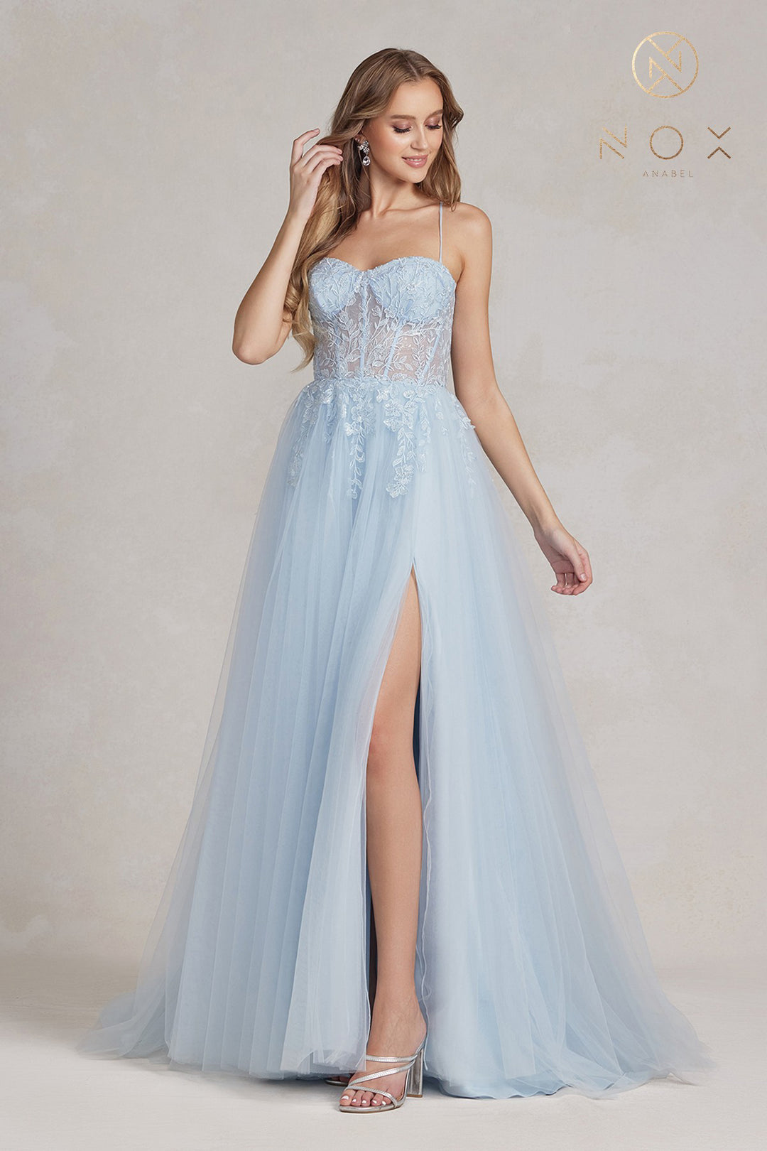 NOX ANABEL J1089 - Embroidered Coset Tulle Slit Gown