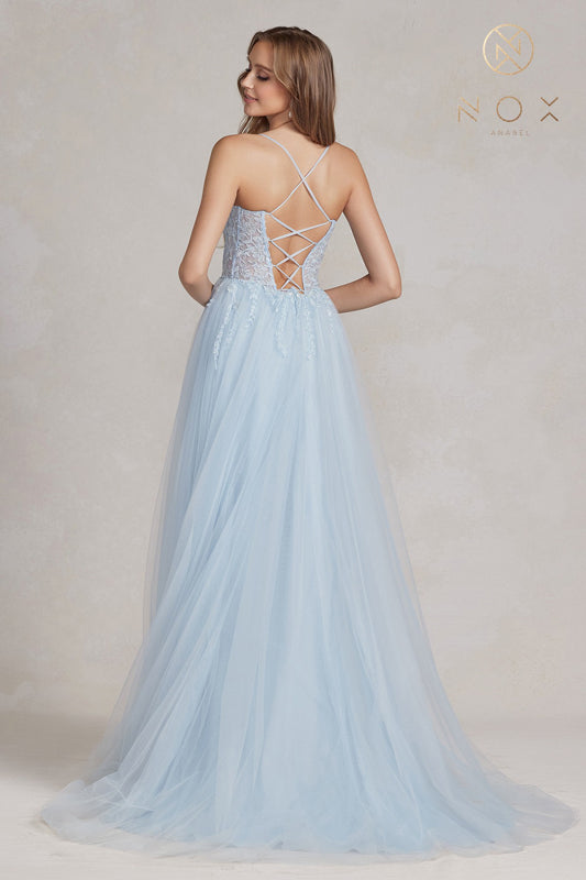 NOX ANABEL J1089 - Embroidered Coset Tulle Slit Gown