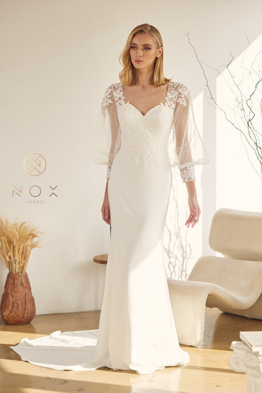 NOX ANABEL JE919 Illusion Long Sleeve Sheath Bridal Gown