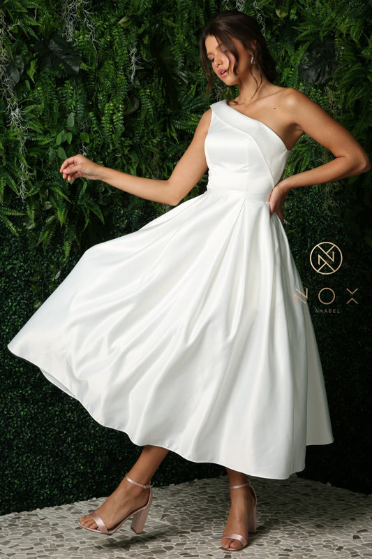 NOX ANABEL JE931W One Shoulder Tea Length Bridal Dress