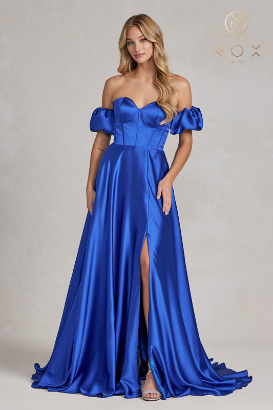 NOX ANABEL K1122 Off Shoulder Sweetheart Slit Dress