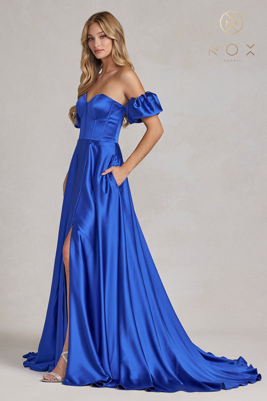 NOX ANABEL K1122 Off Shoulder Sweetheart Slit Dress