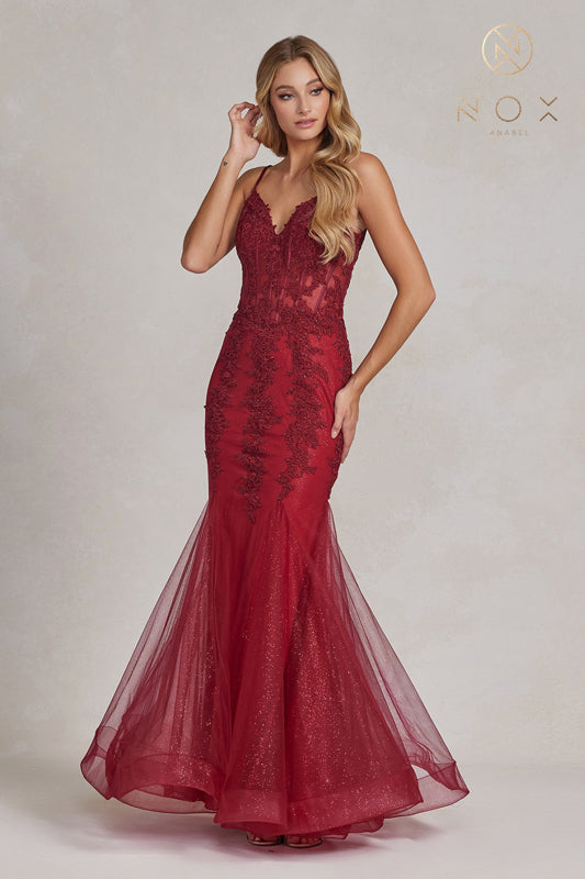 NOX ANABEL P1170 Beaded Embroidered V-Neck Mermaid Gown