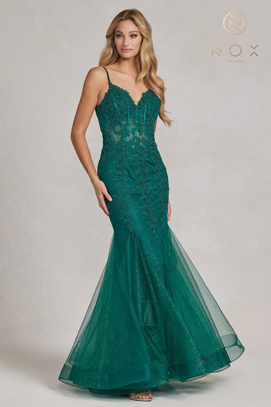 NOX ANABEL P1170 Beaded Embroidered V-Neck Mermaid Gown