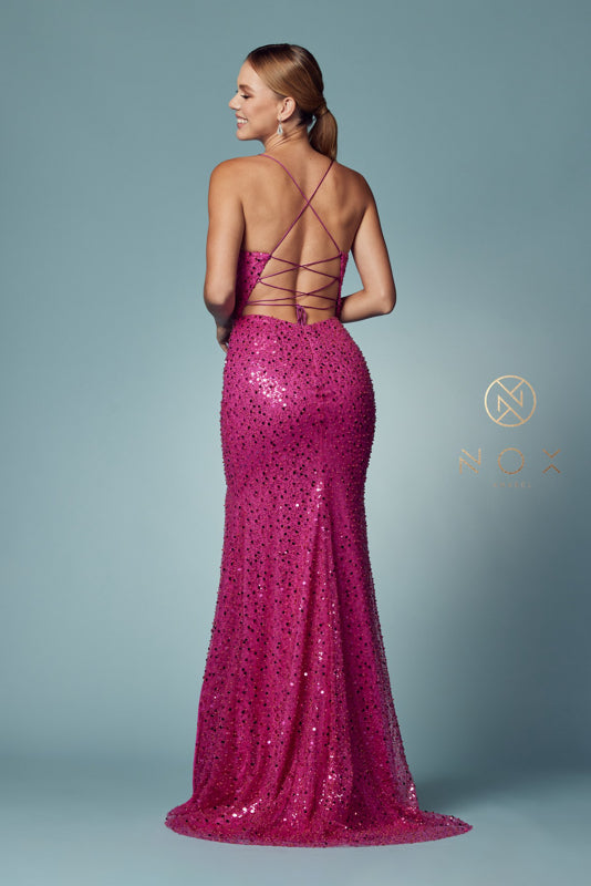 NOX ANABEL R1031 Beaded Cowl Lace-Up Slit Sequin Gown