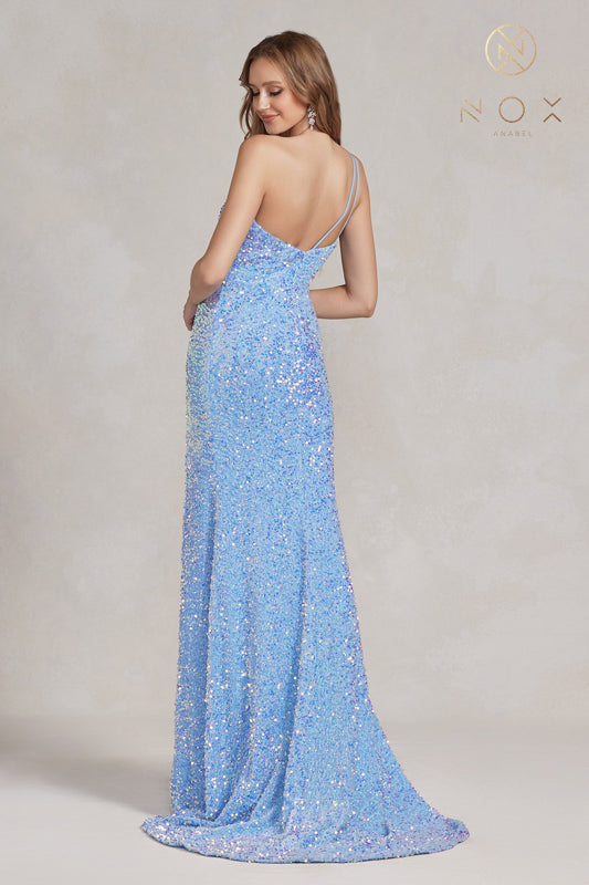 NOX ANABEL R1202 One Shoulder Slit Sequin Gown