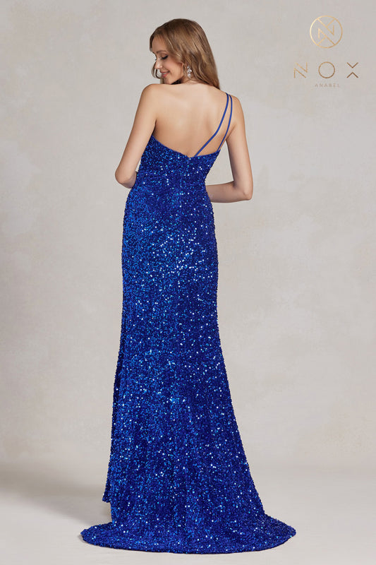 NOX ANABEL R1202 One Shoulder Slit Sequin Gown