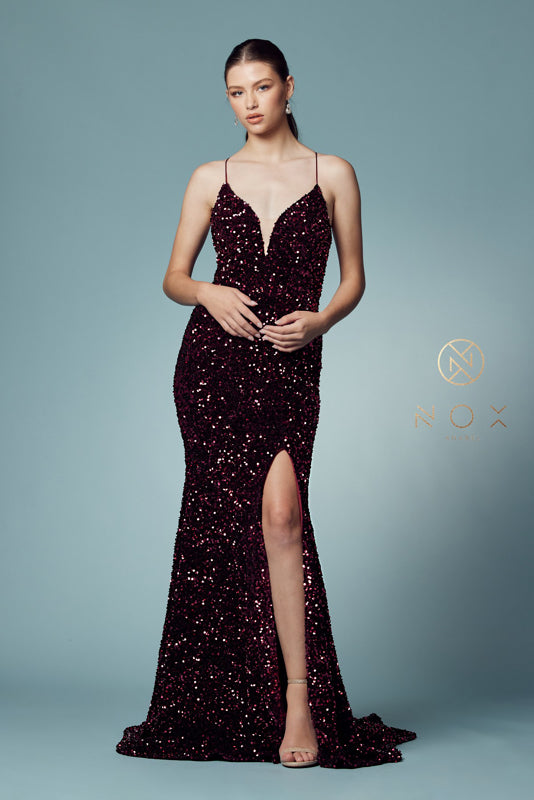 NOX ANABEL R433 Fitted Velvet Slit Sequin Gown