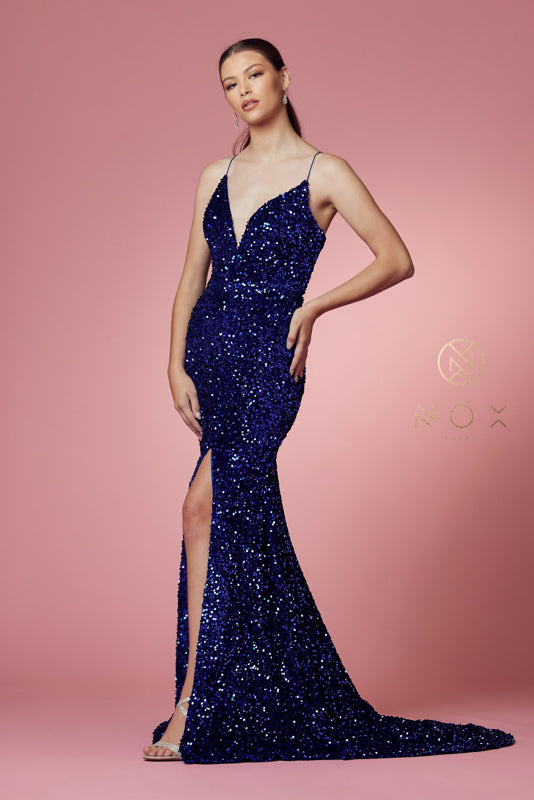 NOX ANABEL R433 Fitted Velvet Slit Sequin Gown