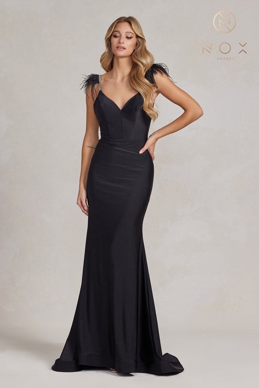 NOX ANABEL T1138 Embellished Feather Strap Mermaid Gown