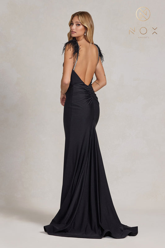 NOX ANABEL T1138 Embellished Feather Strap Mermaid Gown