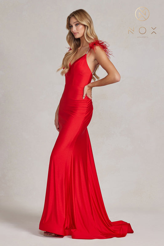 NOX ANABEL T1138 Embellished Feather Strap Mermaid Gown
