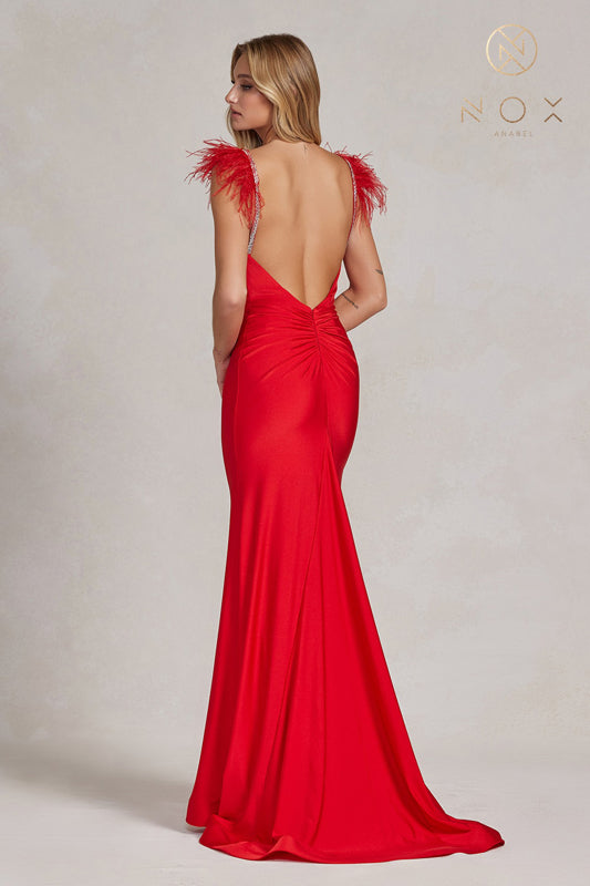 NOX ANABEL T1138 Embellished Feather Strap Mermaid Gown