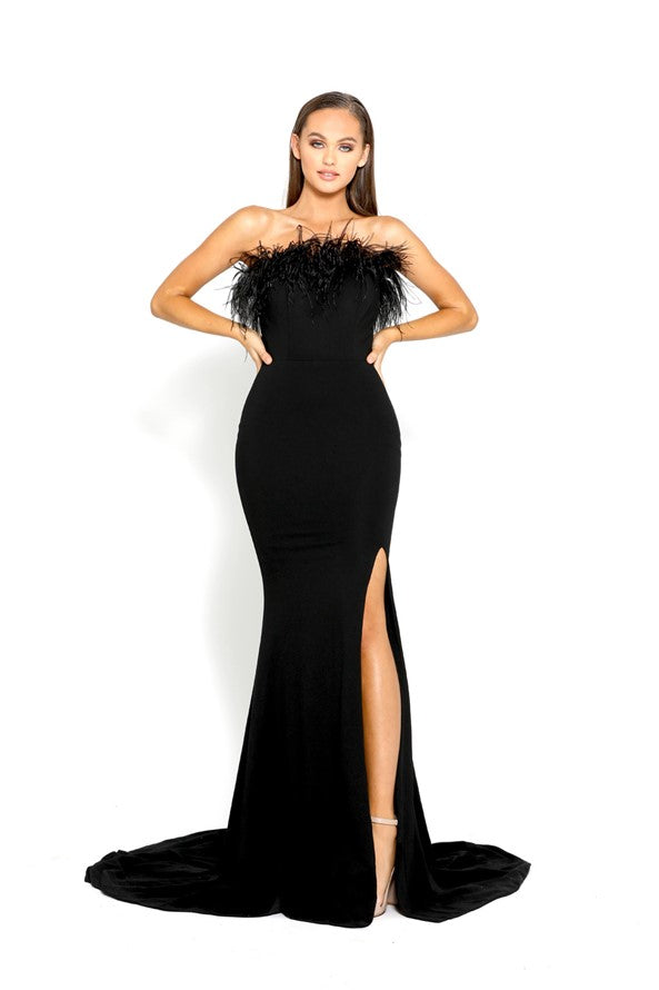 PORTIA & SCARLETT PS2026 Trimmed Feathers Dress with Slit