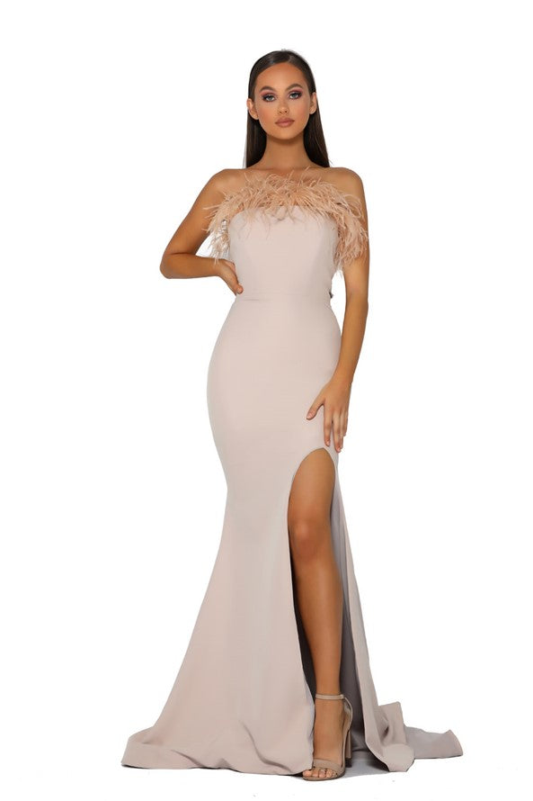PORTIA & SCARLETT PS2026 Trimmed Feathers Dress with Slit