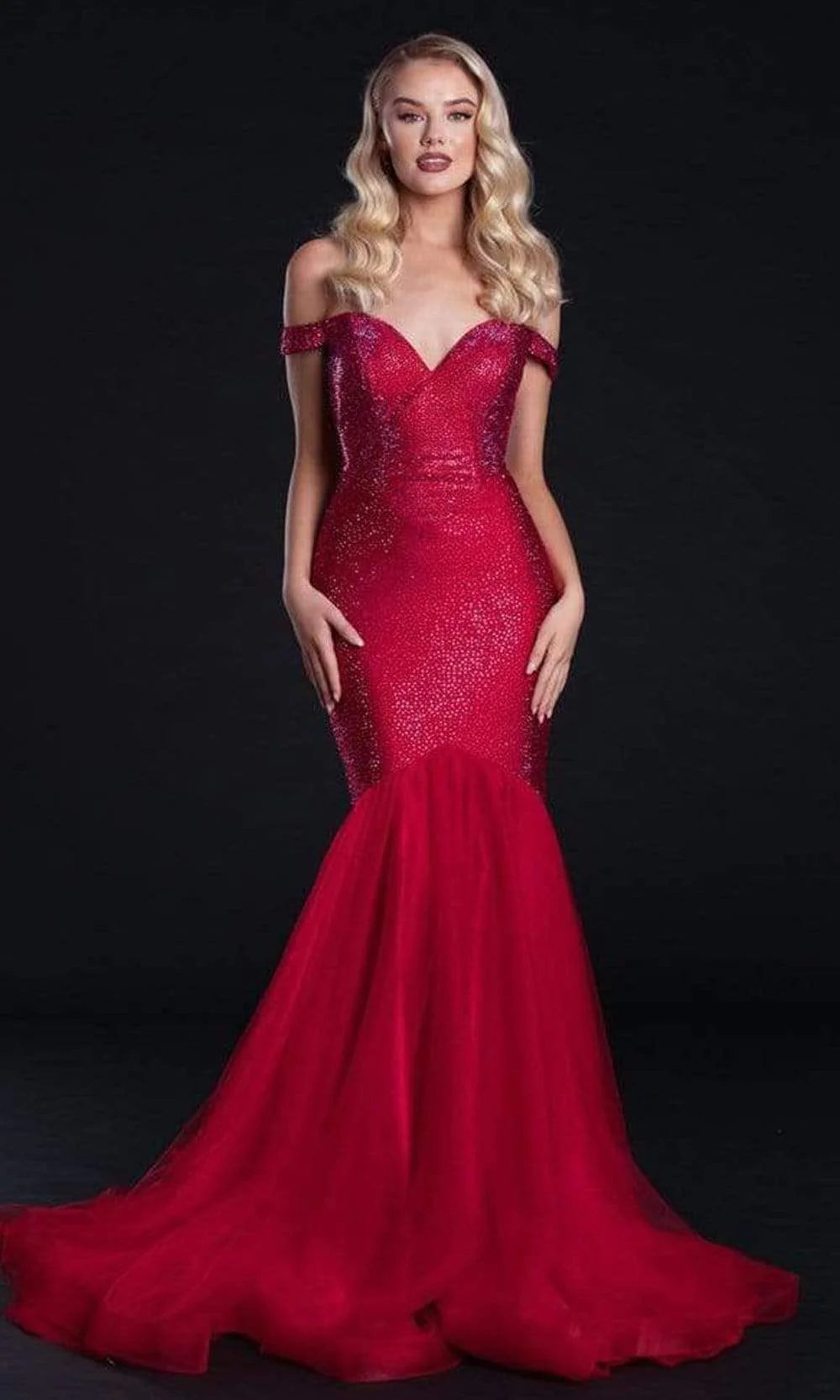 PORTIA & SCARLETT PS21251 Glittered Off-Shoulde Trumpet Gown