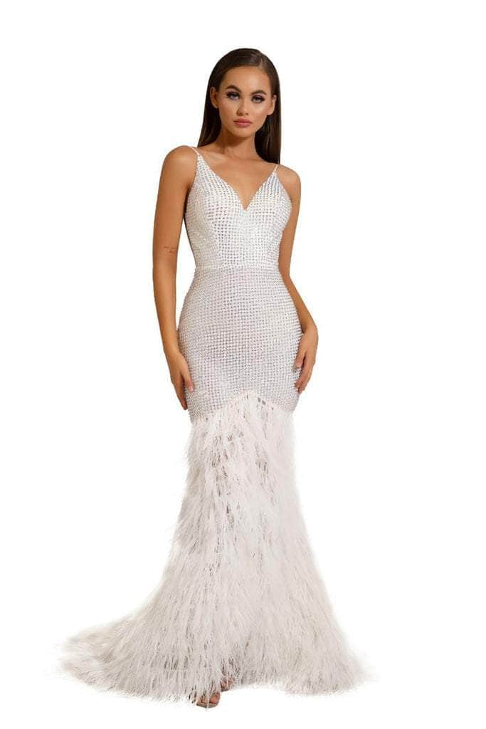 PORTIA & SCARLETT PS6826 V-Neck Feather Embellished Dress with Open Back