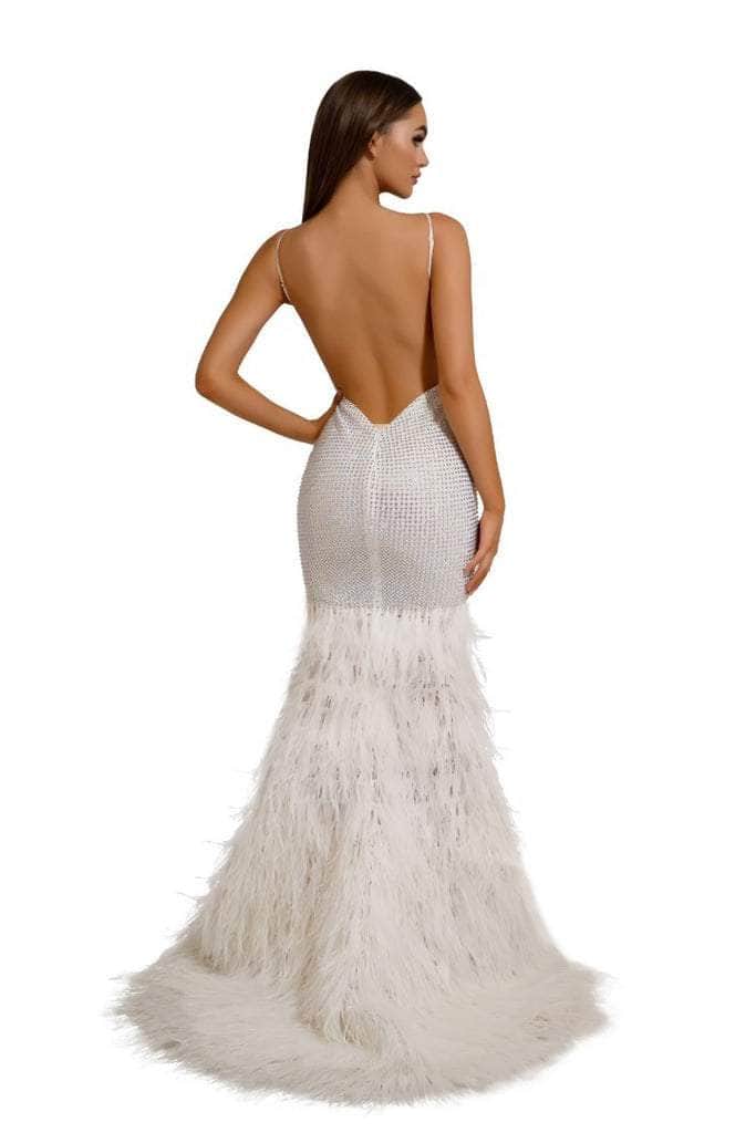 PORTIA & SCARLETT PS6826 V-Neck Feather Embellished Dress with Open Back