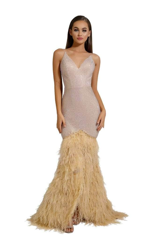 PORTIA & SCARLETT PS6826 V-Neck Feather Embellished Dress with Open Back