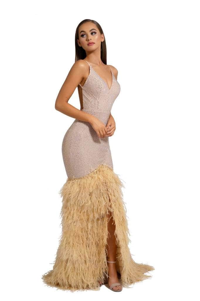 PORTIA & SCARLETT PS6826 V-Neck Feather Embellished Dress with Open Back