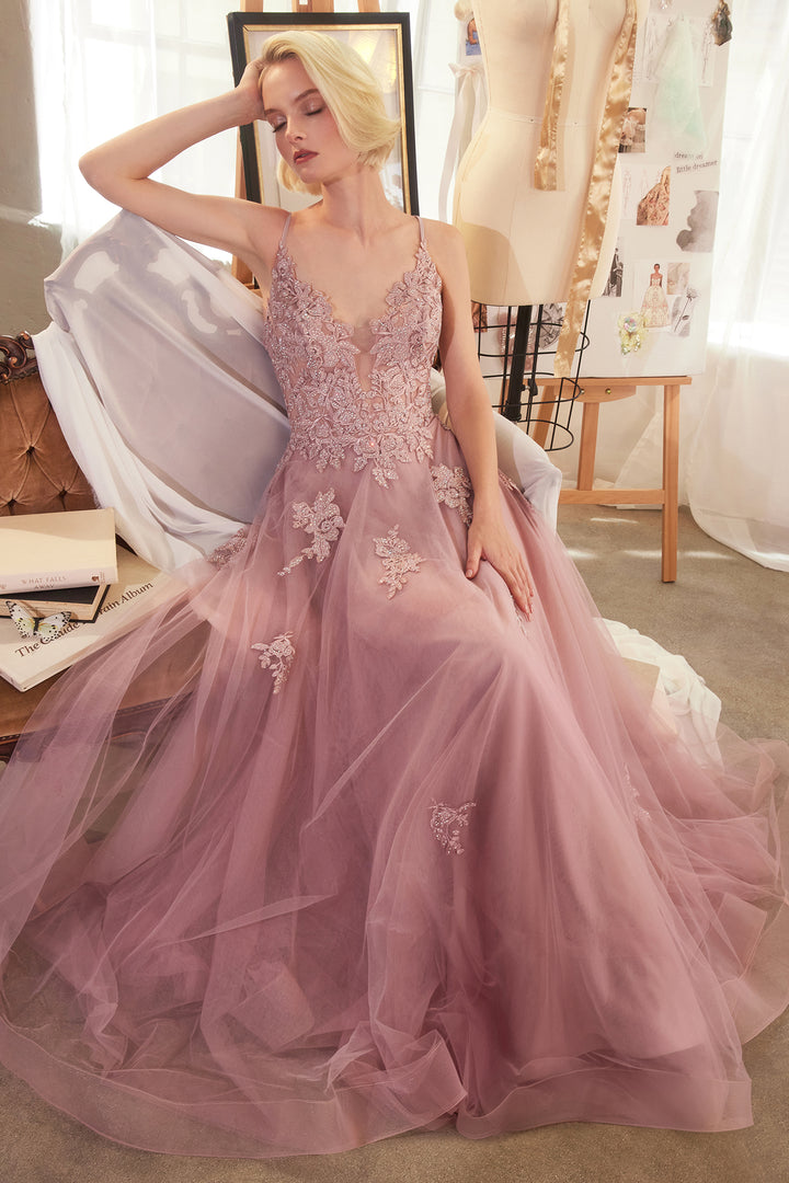 ANDREA & LEO A1417 Lace Appliqued A-Line Layered Tulle Gown