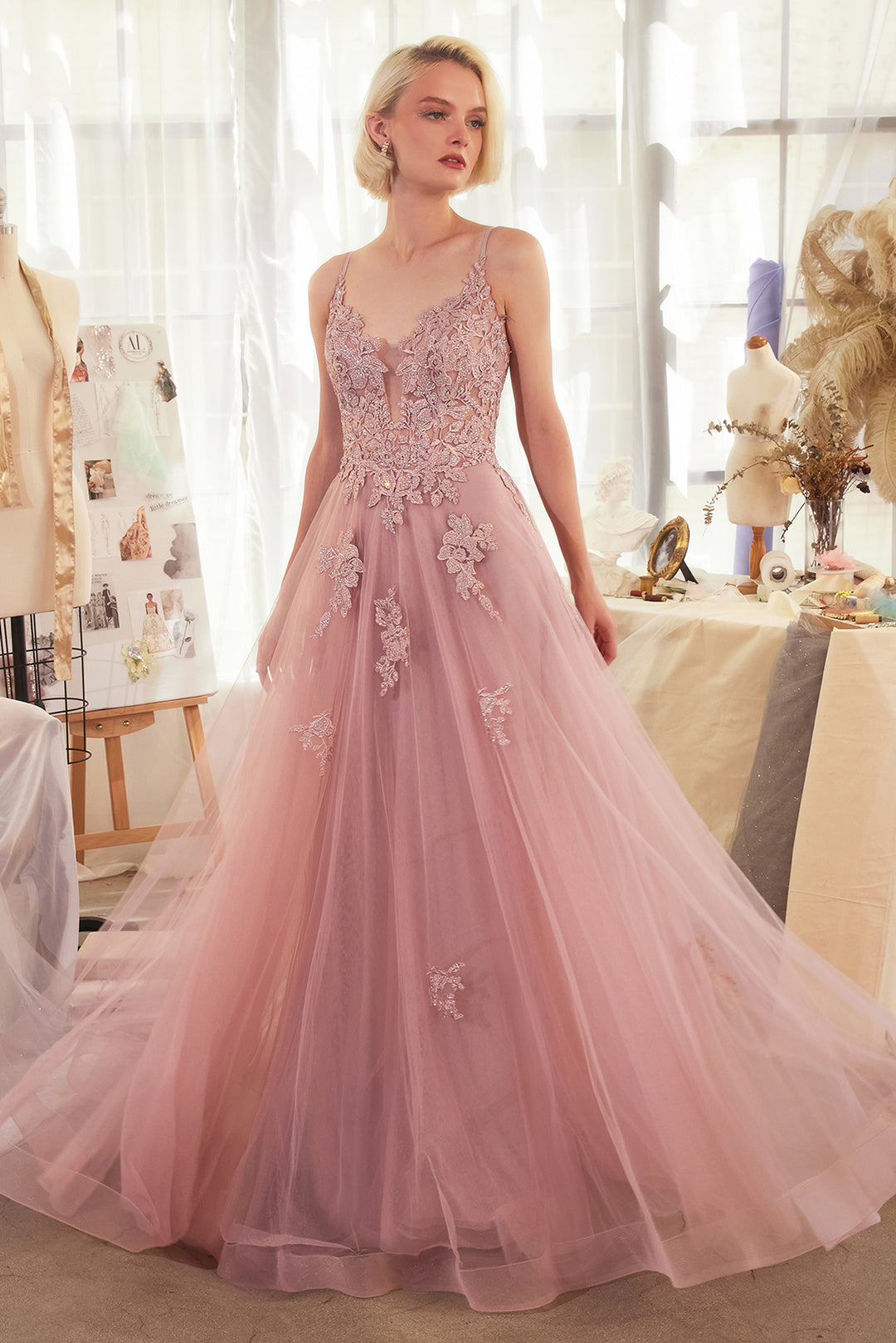 ANDREA & LEO A1417 Lace Appliqued A-Line Layered Tulle Gown