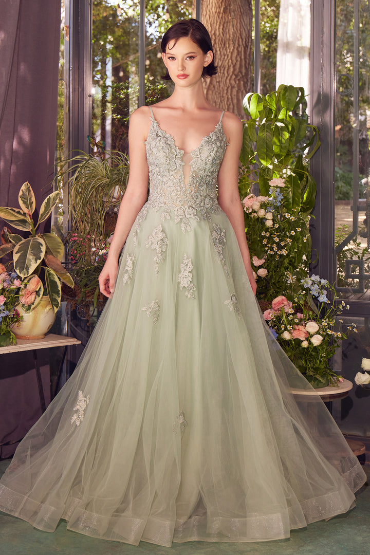 ANDREA & LEO A1417 Lace Appliqued A-Line Layered Tulle Gown